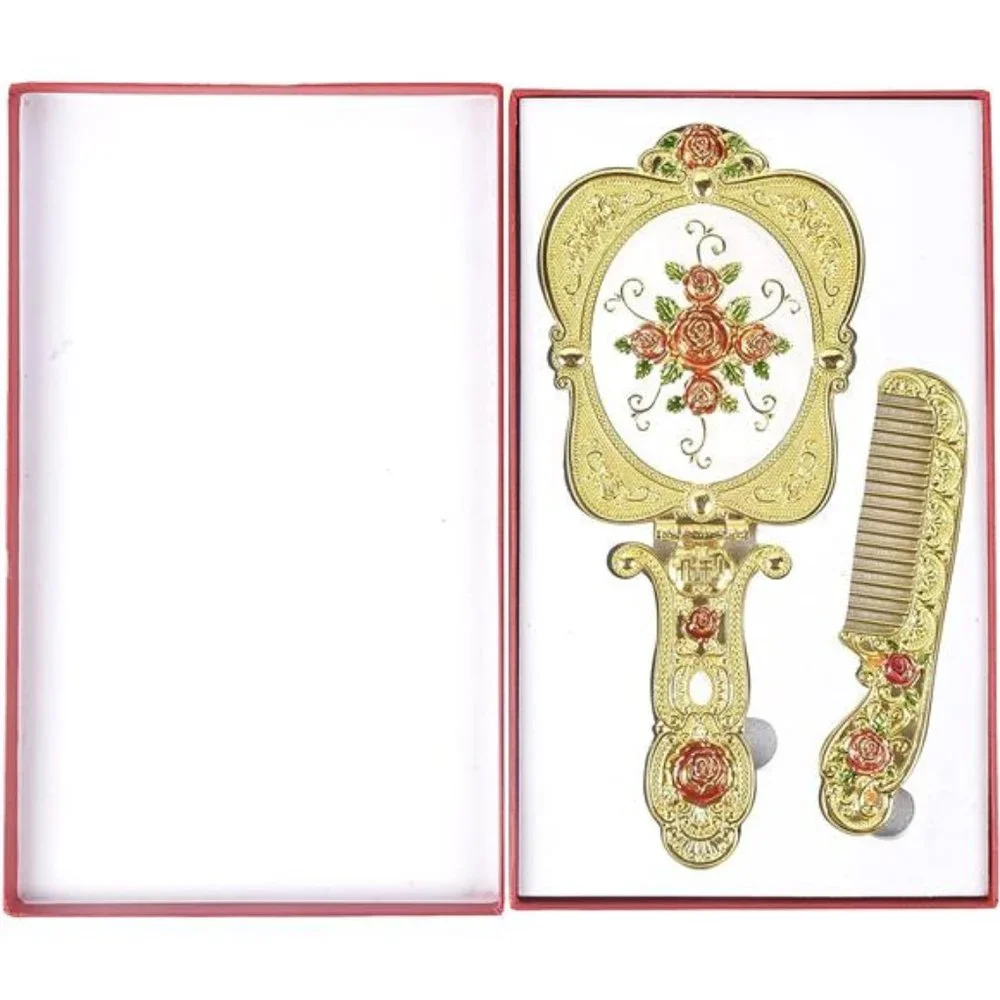 Antique Mirror Comb Set Vintage Metal Handheld Makeup Mirror with a Comb Russian
